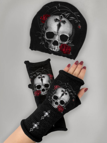 Skull print knitted hat + fingerless gloves set