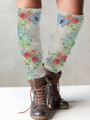 Retro butterfly floral print knit boot cuffs leg warmers
