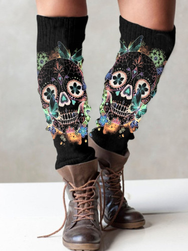 Skull print knit boot cuffs leg warmers