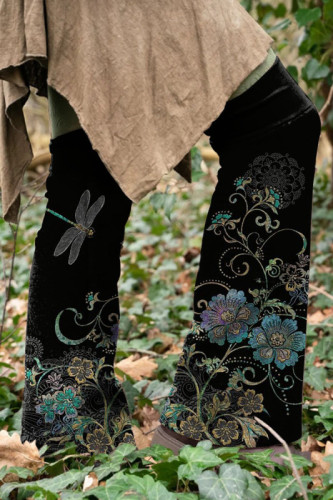 Retro dragonfly floral print knit boot cuffs flared leg warmers