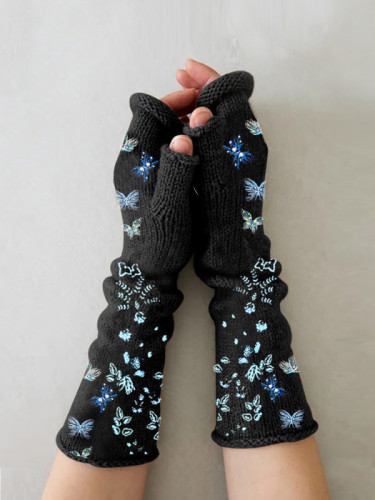 Retro casual print knit fingerless gloves