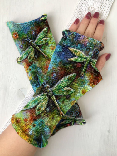 Retro dragonfly knit fingerless gloves