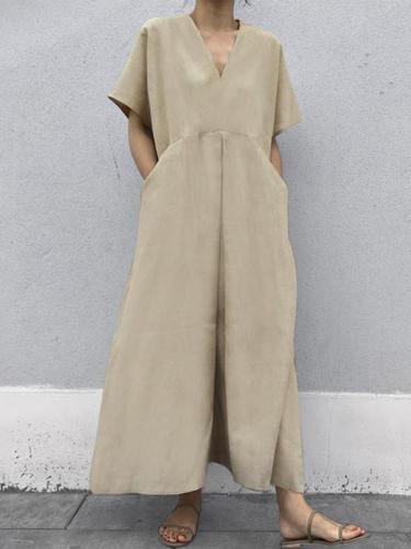 Plus-Size V-Neck Short-Sleeve Pockets Maxi Dress