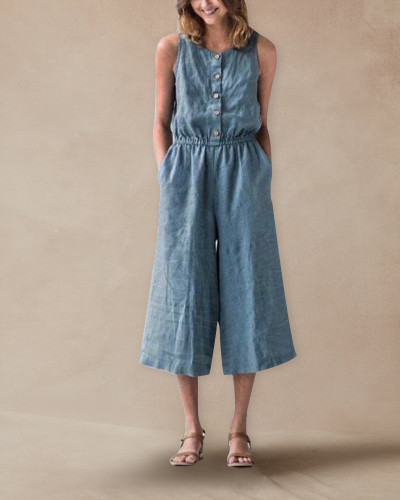 Casual single-breasted side pocket jumpsuit