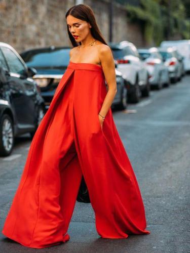 Red Loose Wide Leg Tube Jumpsuits