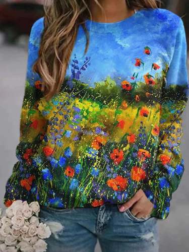 Women's Landscape Oil Painting Print Crew Neck Long Sleeve Sweatshirt