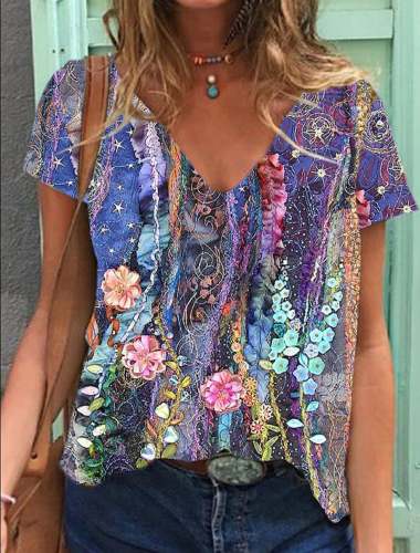 🔥Buy 3 Get 10% Off🔥Women'S Floral Art Print Tie Dye V-Neck T-Shirt