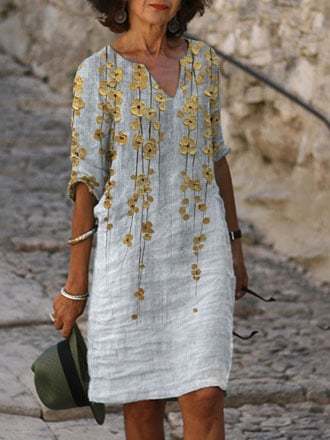 Women's Cotton Linen Oil Painting Printed V-neck Straight Dress