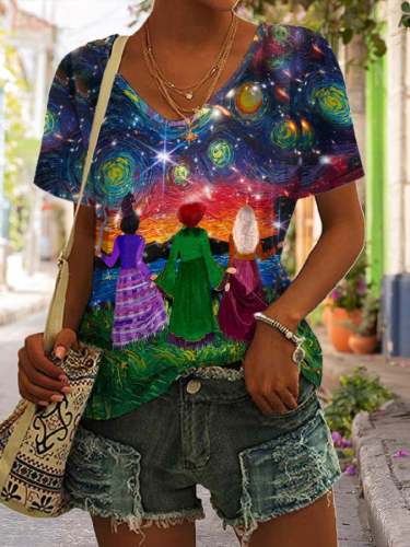 🔥Buy 3 Get 10% Off🔥Halloween Sisters Starry Night Oil Painting & Space Image Print T-Shirt