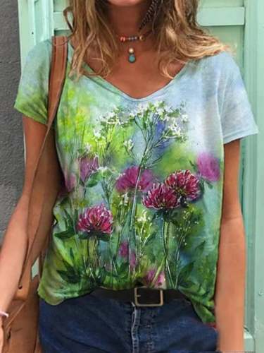 🔥Buy 3 Get 10% Off🔥Women's Oil Painting Flower Print Round Neck Short Sleeve T-Shirt