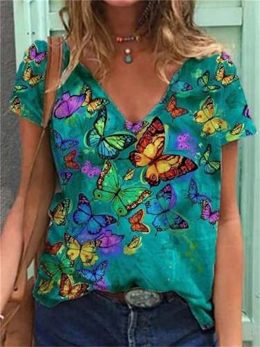 🔥Buy 3 Get 10% Off🔥Women's Oil Painting Floral Print V-Neck Short Sleeve Tee