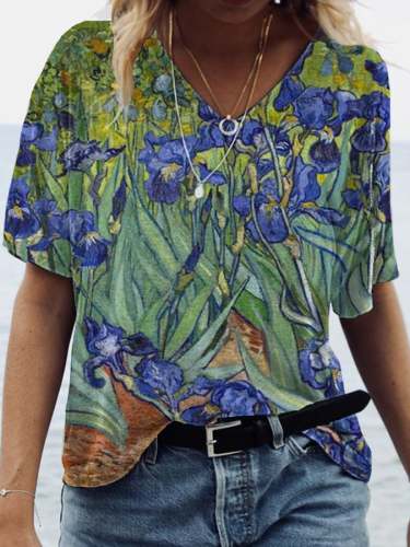 🔥Buy 3 Get 10% Off🔥Women's Oil Painting Iris Flower Print V-neck T-shirt