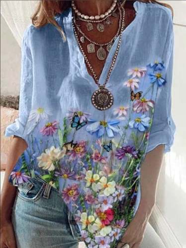 Women's Cotton Linen Oil PaintingLoose V-Neck Long Sleeve Shirt
