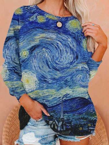 🔥Buy 3 Get 10% Off🔥Women's World Famous Painter Starry Night Print Casual Sweatshirt