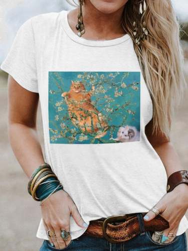 🔥Buy 3 Get 10% Off🔥Women's World Famous Painter Oil Painting Apricot Blossom Cat Print Crew Neck Short Sleeve T-Shirt