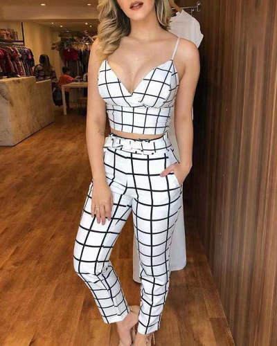 Sexy Suspender V-neck Plaid Cropped Pants Two Piece Set