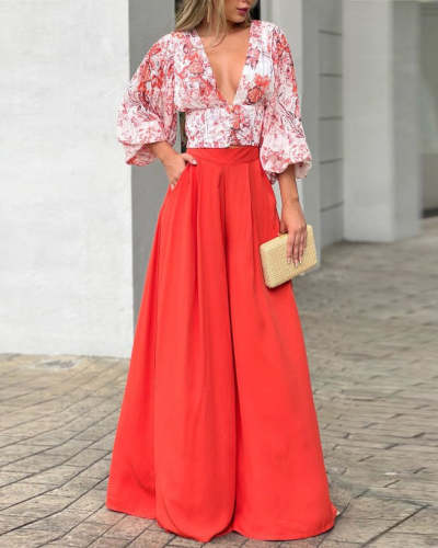 V-neck puff sleeve printed top fashion two-piece set