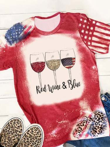 Women's Red Wine Blue Red Wine Glass Flag Print Crew Neck T-Shirt