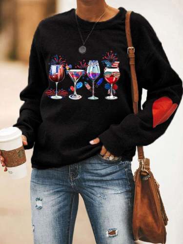 Women's Independence Day Red Wine Glass Flag Print Sweatshirt