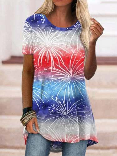 Women's American Flag Independence Day Fireworks Print Long Short Sleeve T-Shirt
