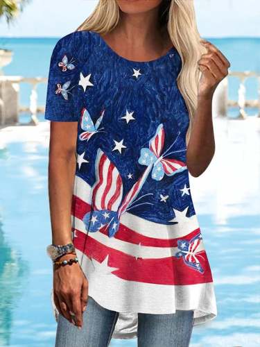 Women's American Flag Butterfly Print Long Short Sleeve T-Shirt