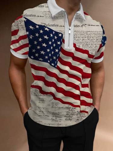 Men's Independence Day American Flag Print  Zipper Casual Short Sleeve Polo Top
