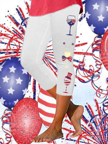 Women's 4th of July Red Wine Glass Print Cropped Leggings