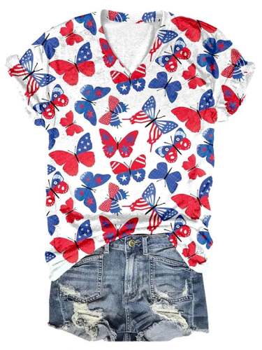 Women's Indie Butterfly Flag Print V-Neck Casual T-Shirt