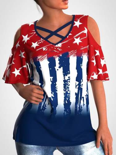 Women's American Flag Print Off Shoulder T-Shirt