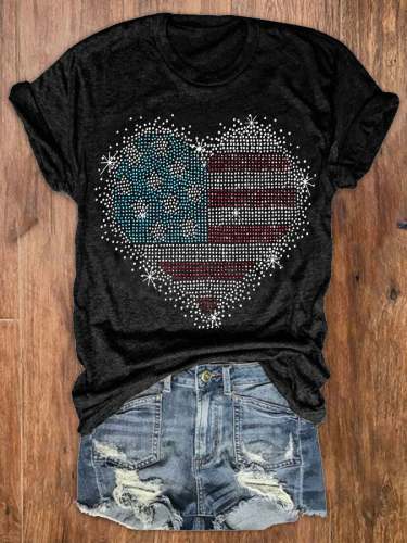 Women's Independence Day Heart Flag Print Round Neck Basic T-Shirt