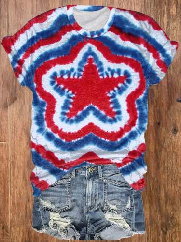 Women's Independence Day Red And Blue Tie-dye Star Print Round Neck T-shirt
