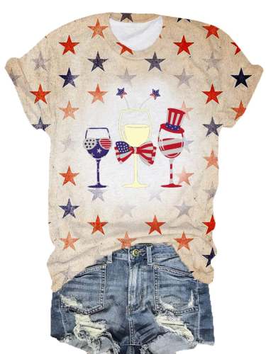 Women's 4th of July Wine Glass Vintage Print T-shirt