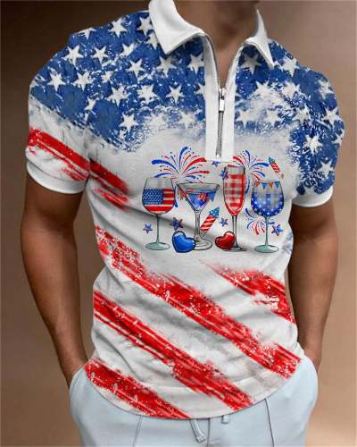 Men's Independence Day Red Wine Glass Flag Print Zipper Neck Short Sleeve Polo Shirt