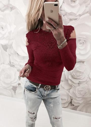 Cold Shoulder Lace Insert Front Long Sleeves T-shirt