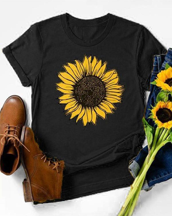 Vintage Short Sleeve Sunflower Printed Plus Size Casual Tops