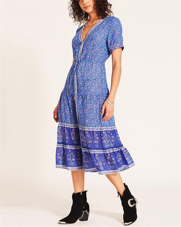 Bohemian V Neck Summer Printed  Midi Dresses
