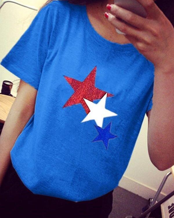 Casual Crew Neck Star Printed Short Sleeve Blouses Tops