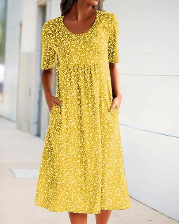 Casual Floral Print Short Sleeves Pockets Midi Dress