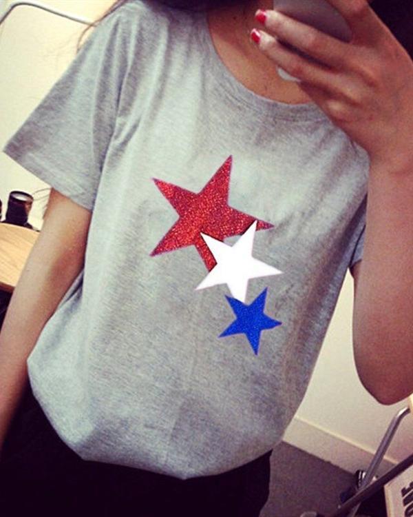 Casual Crew Neck Star Printed Short Sleeve Blouses Tops
