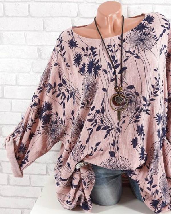 Plus Size Casual Long Sleeve Leaves Printed O-Neck T-shirts