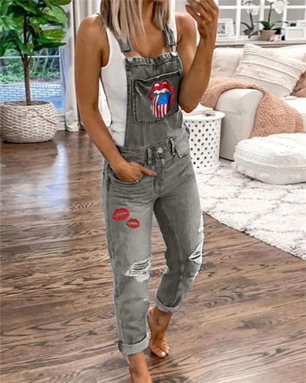Women's Casual Holiday Ripped Denim Jumpsuit