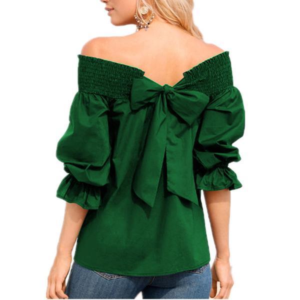 Women Fashion One-Word Back Bow T-Shirt Plus Size Blouses Tops