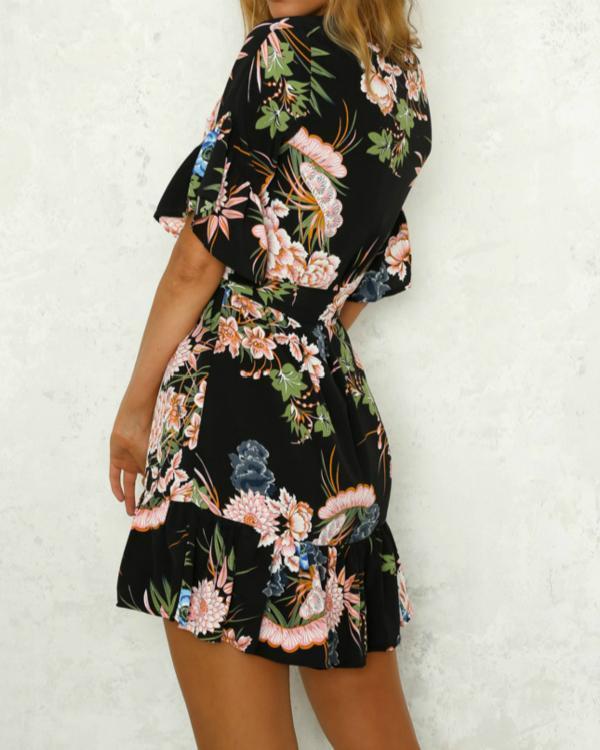 Floral Print Round Neck Flared Sleeves Summer Dresses