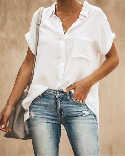 Stand Collar Short Sleeve Solid Color Women Casual Tops