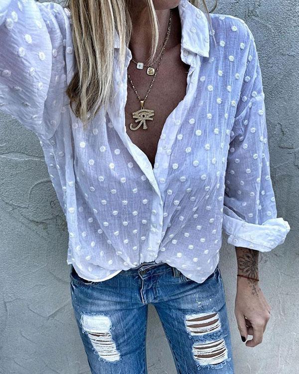 Polka Dot V-Neck Long Sleeves Button Up Casual Elegant Blouses