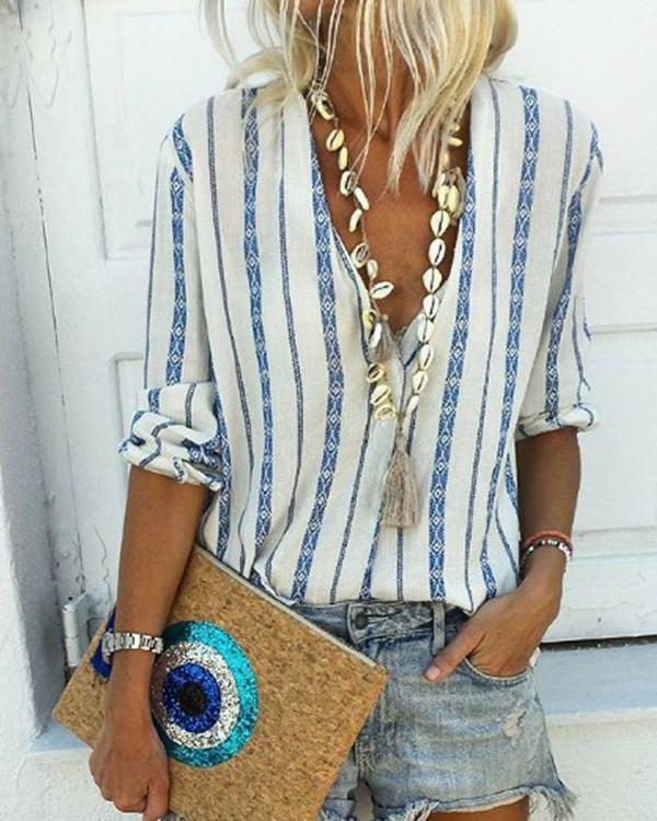 Bohemian Printed Stripe V-Neck Blouse