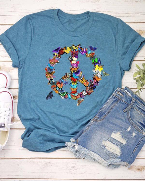 Butterfly Peace Sign Printing Short Sleeve T-shirt