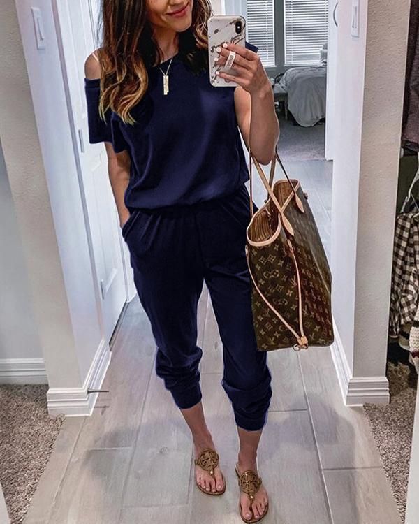 Short Sleeves Pockets Jumpsuit