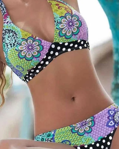 Blue Floral Print Polka Dot Bikini