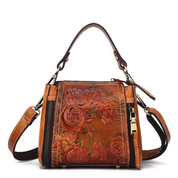 Genuine Leather Handbag Hand Embossed Craft Flower Crossbody Bag